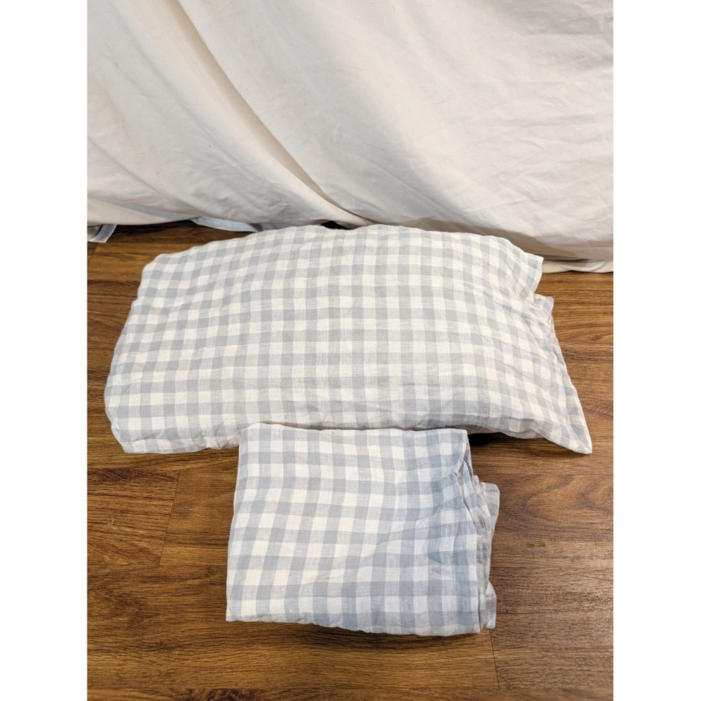 Quince 100% Linen Queen Fitted Sheet & 1 Pillow Case Blue Gingham